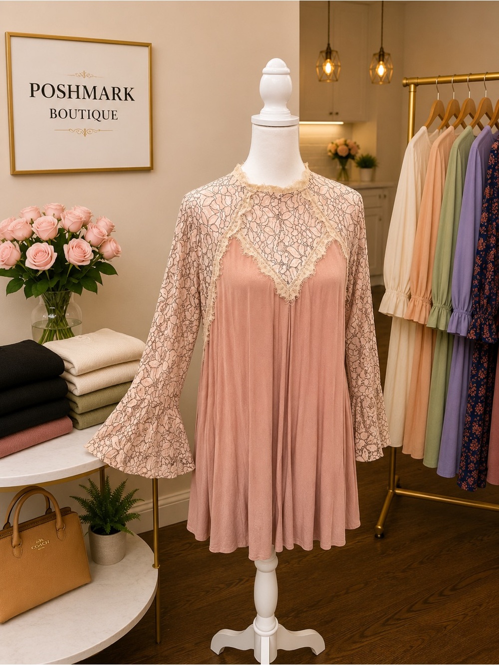 Umgee Pink Lace Bell Sleeve Tunic Top Boho Cottagecore Flowy L